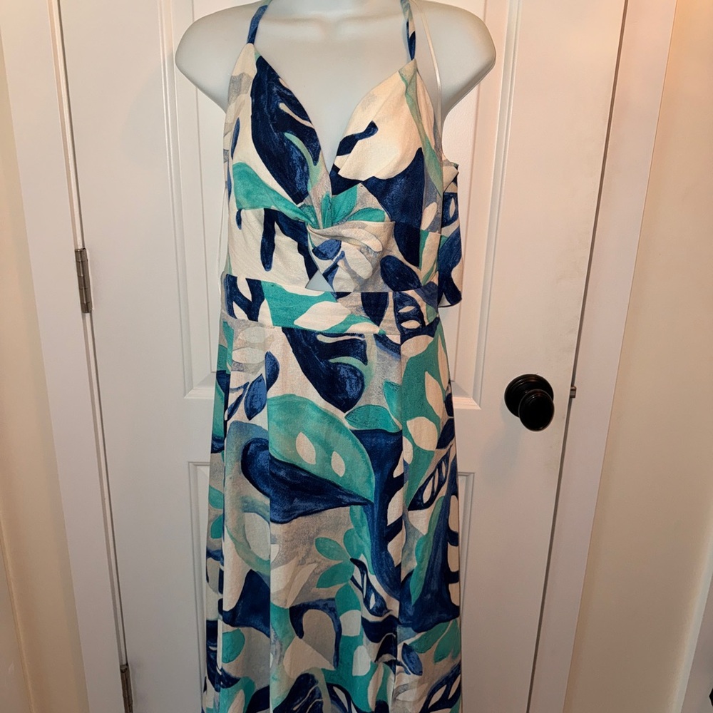 1.State Blue and Teal Halter Linen Blend  Tie Back Maxi Dress, XL